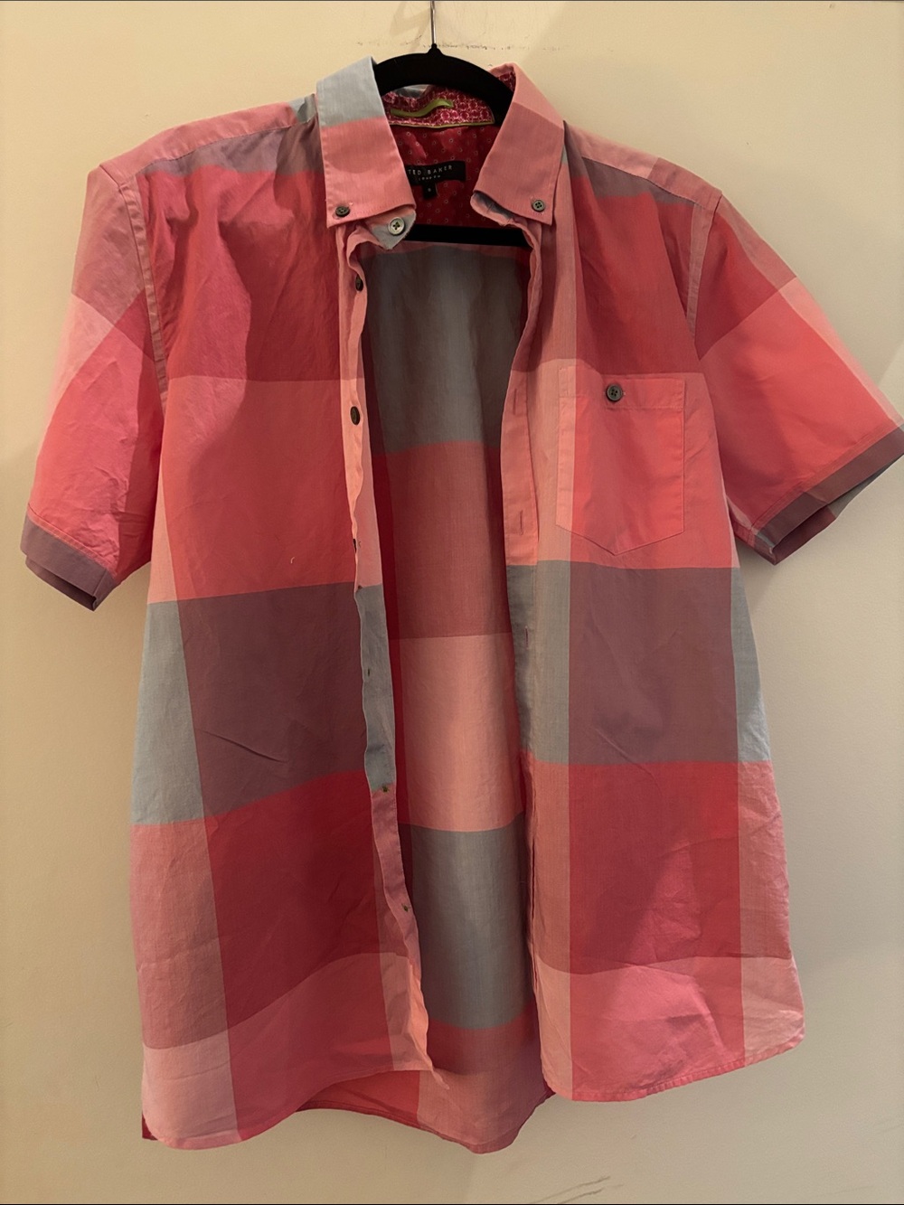 Ted Baker Pink and Gray Plaid Short-Sleeve Button-Down Shirt